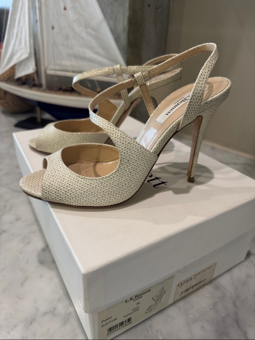 LK Bennett Ivory Woven Slingback Peep-Toe Heels